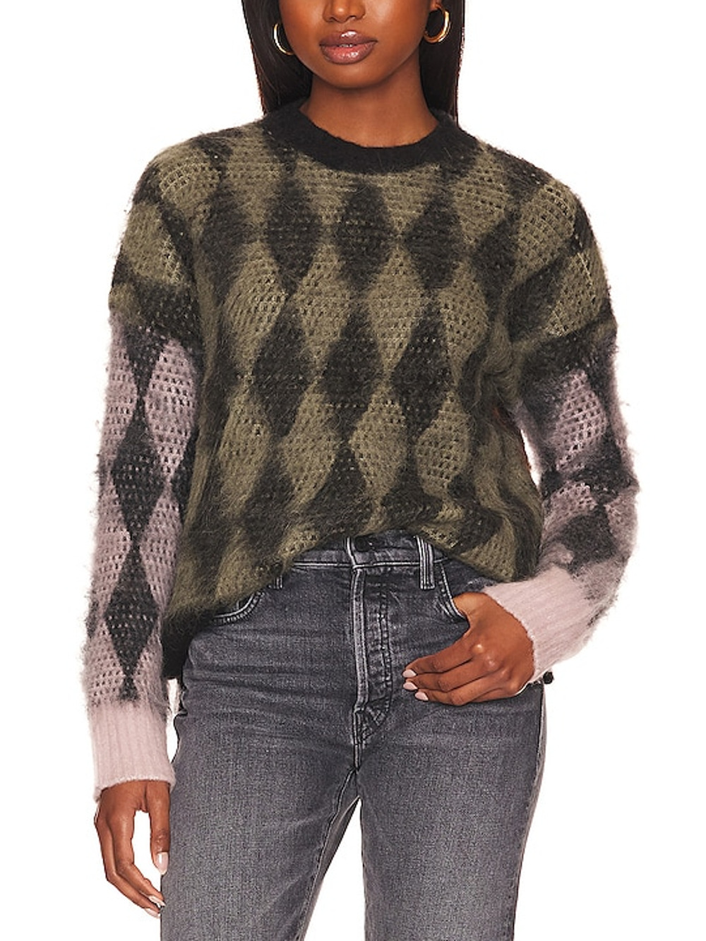 Allsaints Fuzzy Coffee Multi Diamond Crew Neck Sweater Size S